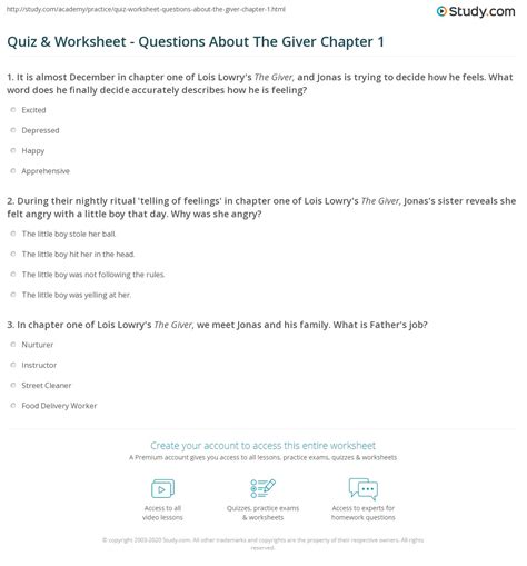 Lois lowry de shmoop il y a 7 ans. Quiz & Worksheet - Questions About The Giver Chapter 1 ...