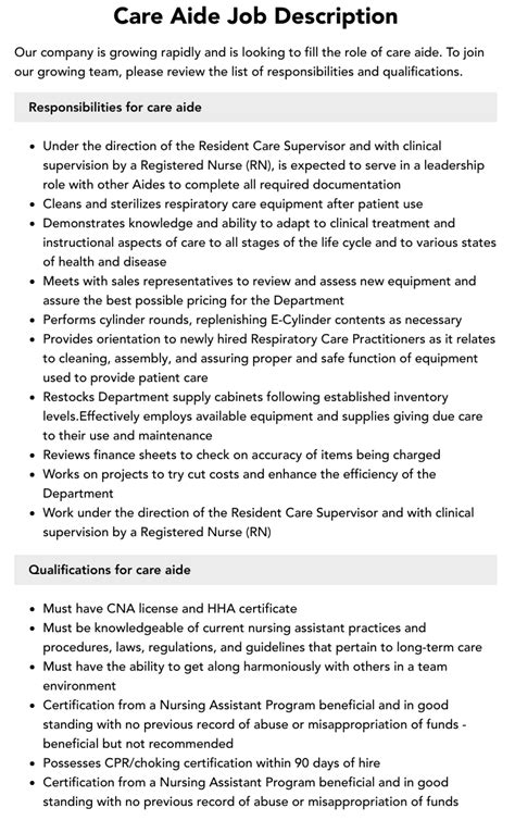 Care Aide Job Description Velvet Jobs