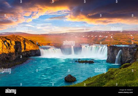 Summer Morning Scene On The Godafoss Waterfall Colorful Sunrise On The