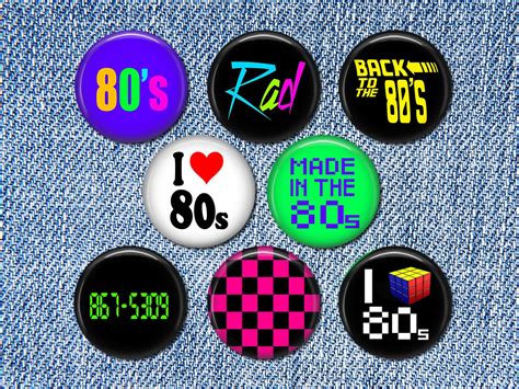 Eight 1980s Pin Buttons 125 Inch Diameter Pin Set