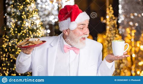 Winter Vacation Elderly Grandpa At Home Traditions Concept Coffee Break Sweets And Treats