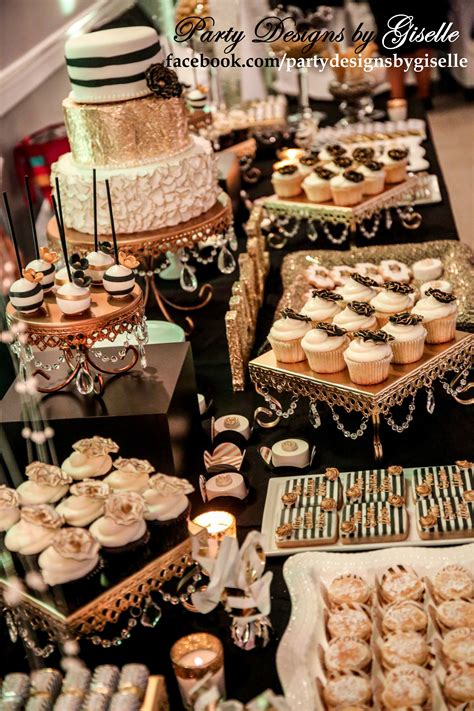 Black White And Gold Dessert Display Cake Table Birthday Party