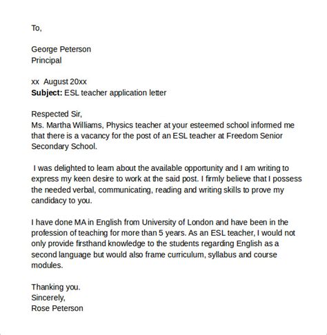 Esl Teacher Cover Letter Sample