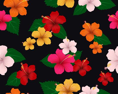 Seamless Pattern Of Tropical Flora With Hibiscus Flowers And Leaves On