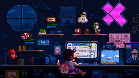 Mario Pixel Nintendo Habitación Noche Computadora Videojuego