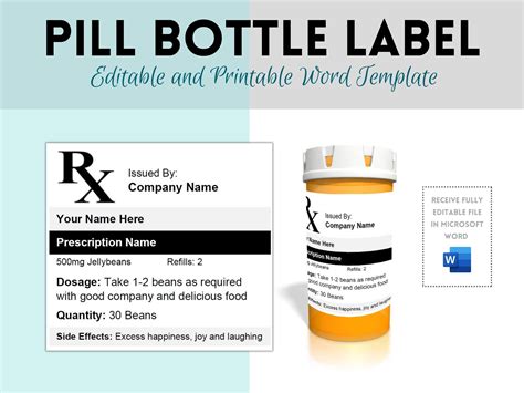 Pill Bottle Label Prescription Label Rx Pill Label Editable Word