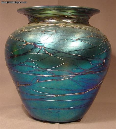 Superb Durand Blue Iridescent Threaded Art Glass Vase For Sale