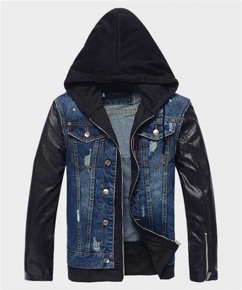 Mens Blue Denim Leather Jacket With Hood Movie Jackets