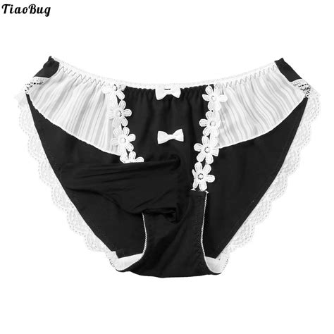 Tiaobug Men Sissy Gay Embroidered Lace Trim Briefs Low Waist Bulge