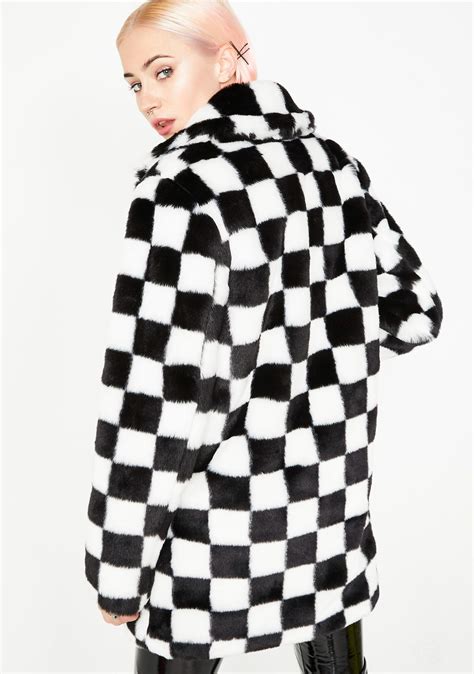 Current Mood Checkered Faux Fur Coat