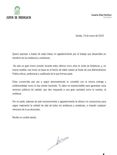 Carta De Agradecimiento De Susana Díaz A Los Trabajadores De La Junta
