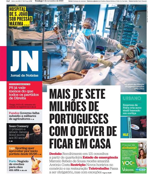 Capa Jornal De Notícias 1 Novembro 2020 Capasjornaispt