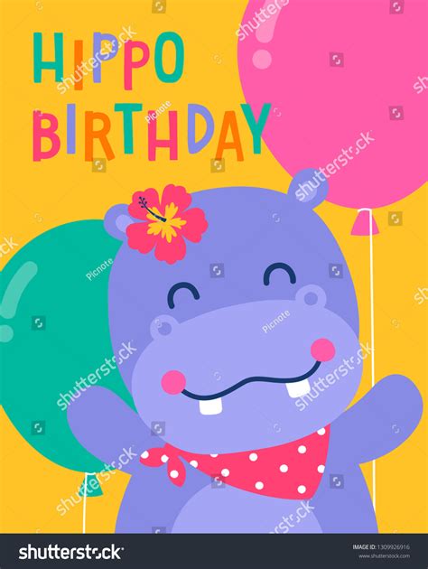 Cute Hippopotamus Cartoon Illustration Text Birthday เวกเตอร์สต็อก