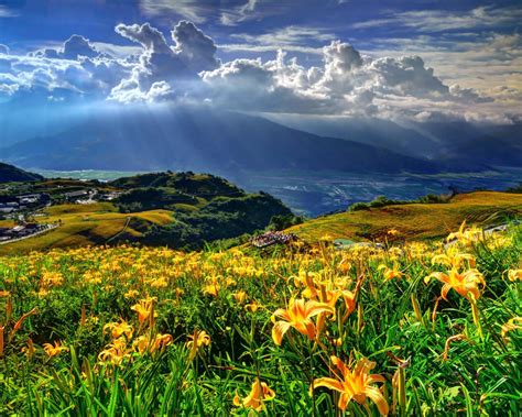 Spring Landscape Mountains Hills Lillies Yellow Flower Village Clouds