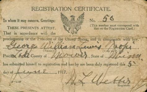 1917 Wwi Draft Card Registration Certificate George Lewis Lodi