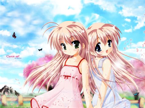 2girls Blue Eyes Brown Hair Butterfly Cherry Blossoms