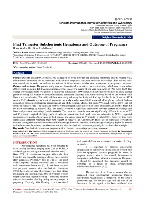 Pdf First Trimester Subchorionic Hematoma And Outcome Of Pregnancy
