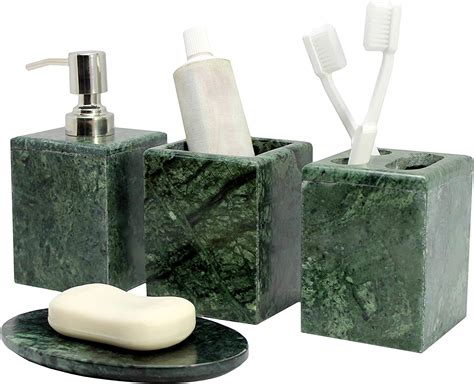 KLEO - Bathroom Accessory Set Natural Green Stone - Bath Accessories Set of 4 Includes Soap ...