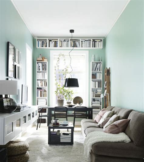 Narrow Living Room With Desk And Bookshelves At The Window Long Narrow