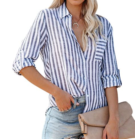 Us 1799 Rvivimos Womens Fall Cotton Long Sleeves Roll Up Striped Casual V Neck Button Down