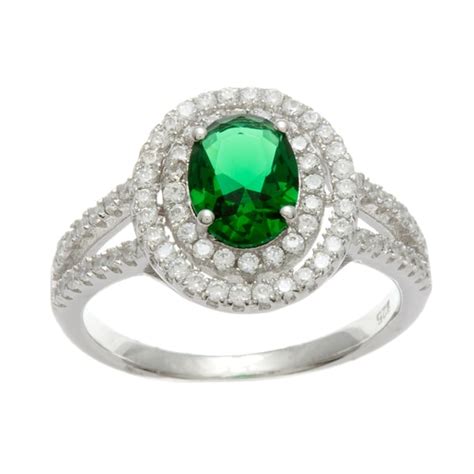 Sterling Silver Simulated Emerald And Cubic Zirconia Double Halo Ring