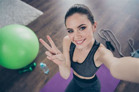Portrait Of Positive Active Sportive Energy Athlete Girl Make Selfie V