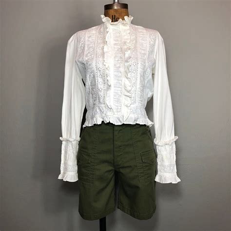 70s Victorian Inspo Ruffled High Collar Pleated Eyelet Blouse S