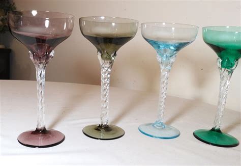 Lot Of 6 Hand Blown Twisted Stem Multi Color Glass Crystal Cordials Wine Glasses Ebay