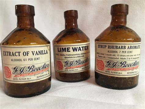 Three Beautiful Antique Amber Glass Medicine Bottles From F J Beecher Pharmacy Bennington Vt