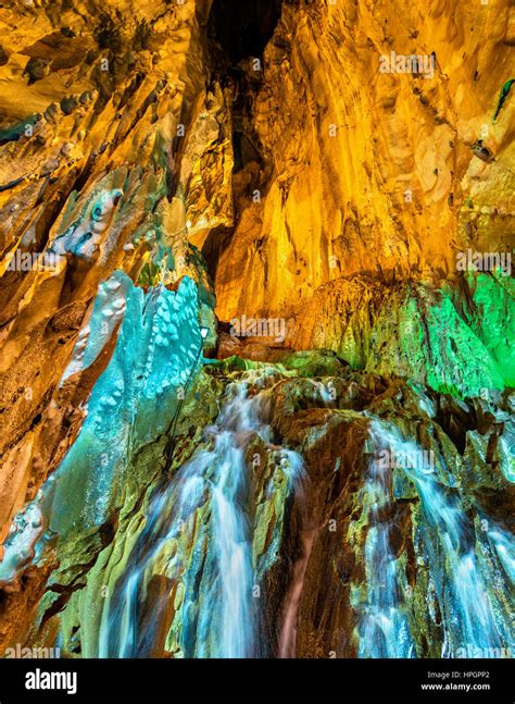 Waterfall Inside The Ramayana Cave At Batu Caves Kuala Lumpur Stock