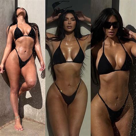 Kim Kardashian Models In Skimpy Black Bikini With Gold Cross Belly