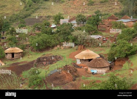 Basotho Village With Houses Mokhoro In Traditional Lesotho Rondavel