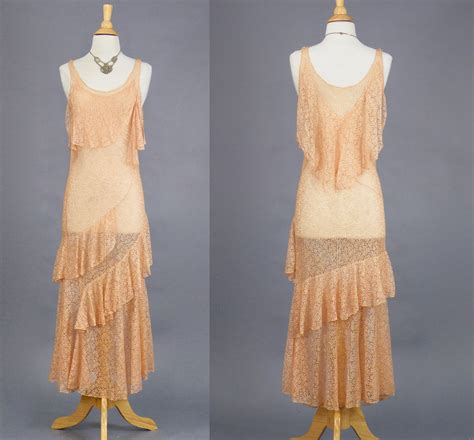 Vintage 1930s Dress 30s Bias Cut Lace Evening Dress With Tiered Skirt And Rare Fashion Sketch