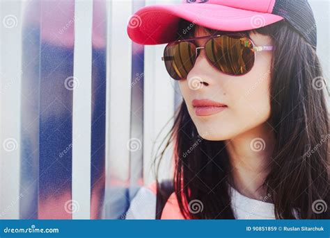 Young Girl In Glasses And A Baseball Cap Stock Image Image Of Female