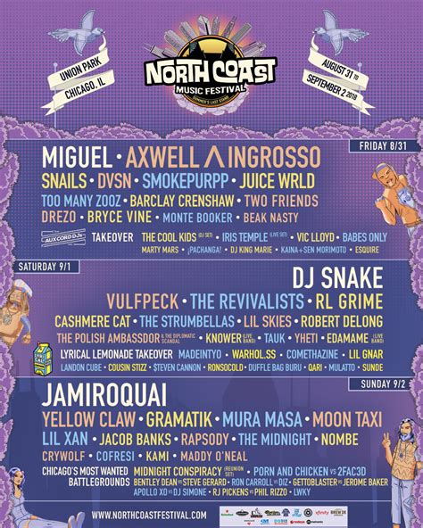 The north coast music festival is an annual festival held in chicago on labor day weekend featuring electronic music, hip hop and rock acts, and a wide variety of performance and installation artists. Win tickets to North Coast Music Festival! | Substream ...