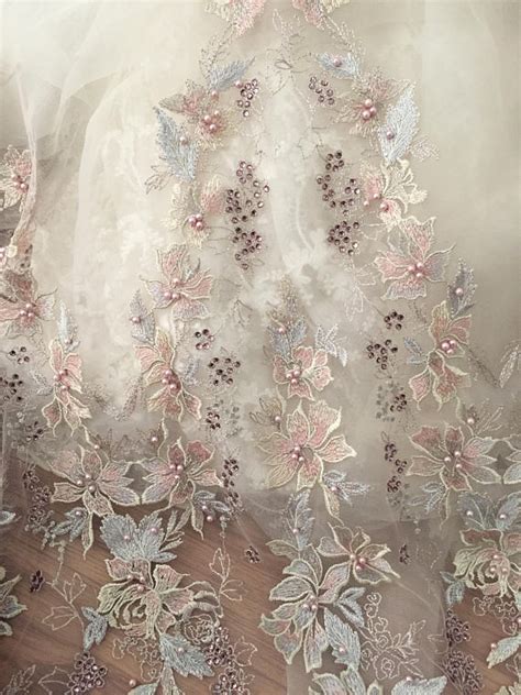 Inch Pearl Beaded Embroidery Lace Fabric By Yard For Haute Couture