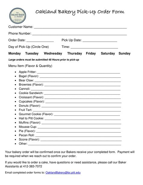 Printable Bakery Order Form Template Free Printable Templates