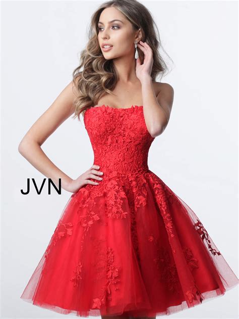 Jvn1830 Dress Red Short Fit And Flare Floral Lace Cocktail Dress
