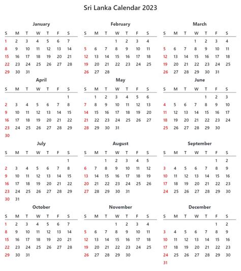 Printable Sri Lanka 2023 Calendar With Holidays
