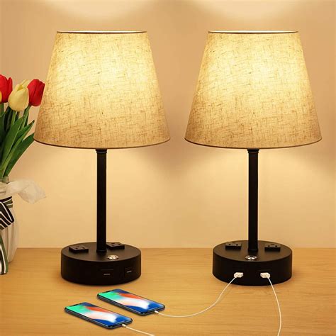 usb bedside table lamp with outlet 3 way touch control etsy
