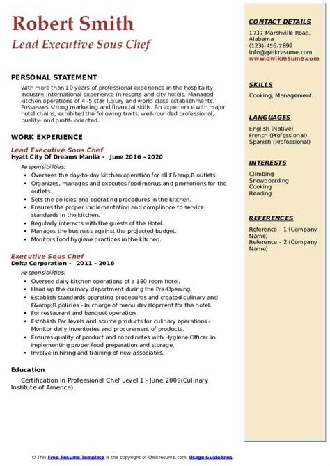 15 Free Sous Chef Resume Samples Free Resume Templates For 2021