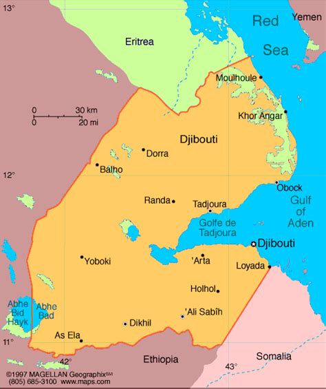 It is situated on the bab el mandeb strait, which lies to the east and separates the red sea from the gulf of aden. Atlas: Djibouti