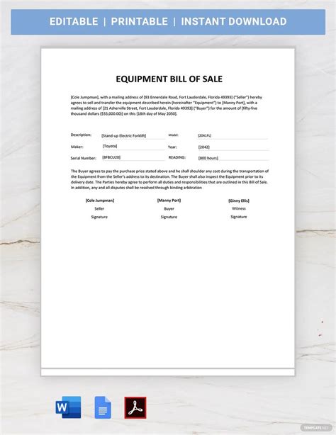 Equipment Bill Of Sale Word Template