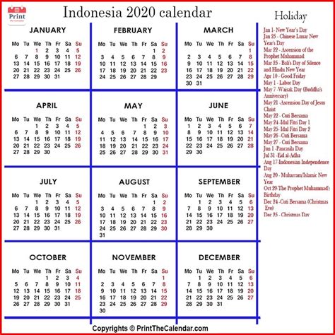 Indonesia Calendar 2020 With Indonesia Public Holidays