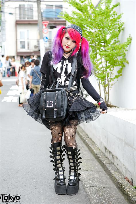 lisa13 w pink and purple hair sheer skirt and demonia boots in harajuku tokyo fashion