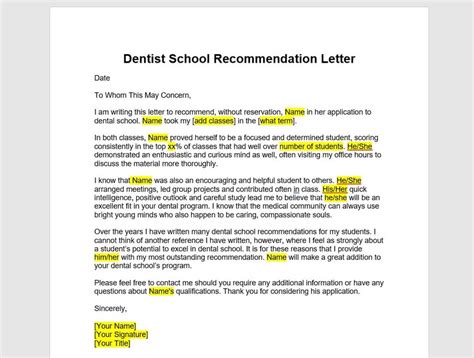 Dental School Recommendation Letter Template Dental School Etsy Israel