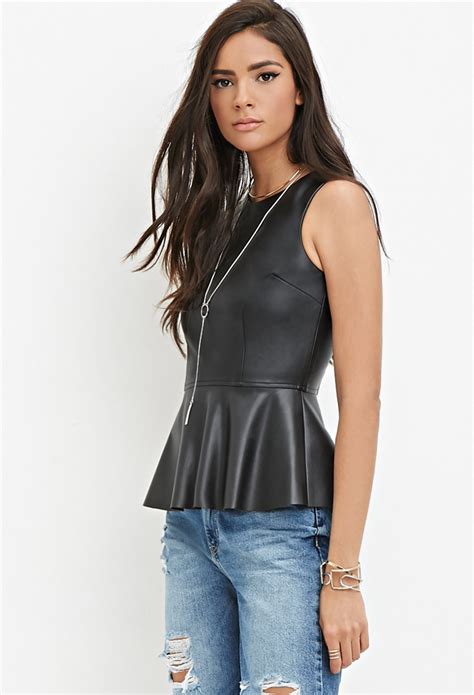 Forever 21 Faux Leather Peplum Top In Black Lyst