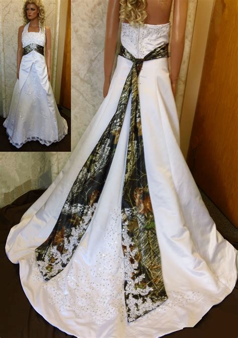 Camo Sash Tied In Bow At Front Left Side With Shiny Pendant In Center White Camo Wedding Dress