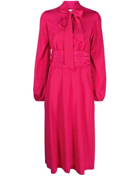 P A R O S H Pussy Bow Ruched Midi Dress In Pink Lyst