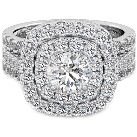 925 Silver Ladies 3 Piece Double Halo Wedding Bridal Ring Set